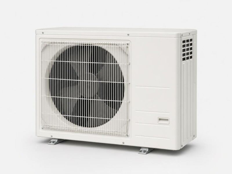 Balta Mitsubishi Electric Split sistēmas āra daļa ar vienu ventilatoru priekšpusē.